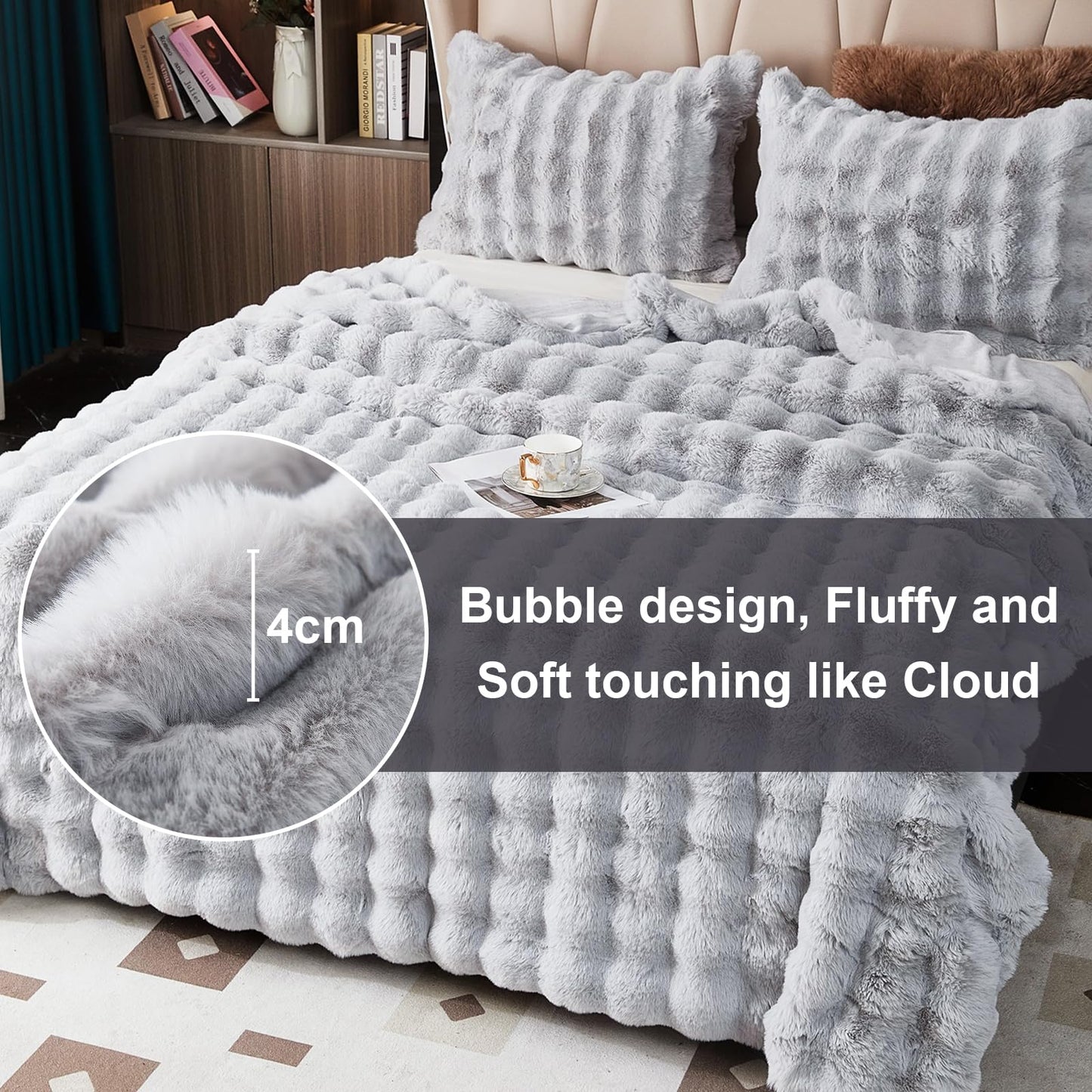 Soft Warm Faux Rabbit Fur Blanket - Thick 1000 G/M Faux Fur Throw with Ruffles - Fluffy, Versatile for Bed, Sofa, Office (Light Gray, 130x160cm / 51"x63")