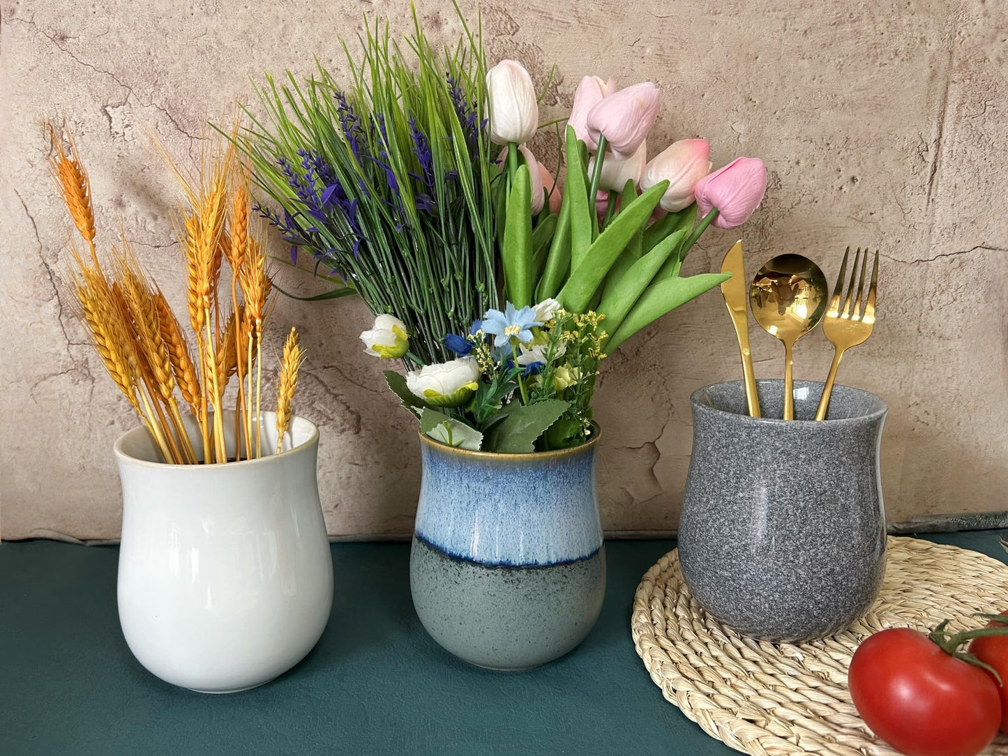 Rhobtyne Short Kitchen Utensil Holder for Kitchen Counter, Ceramic Small Utensil Crock & Vase & Holder for Cutlery Spatula Brush Silverware Cooking Utensil Holder (Retro Lavender Grass Green)