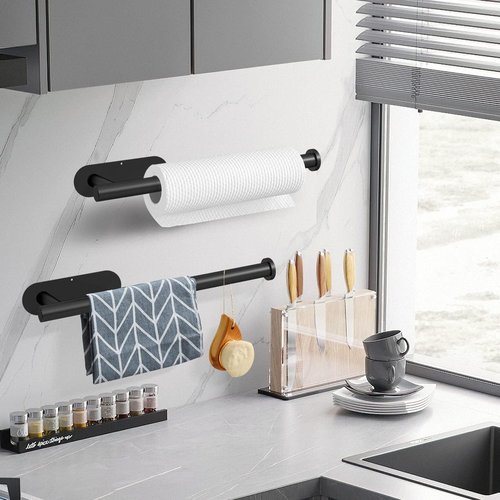 DEKAVA Under Cabinet Paper Towel Holder - Self-Adhesive SUS304 Stainless Steel Rack | 13 Inch Black