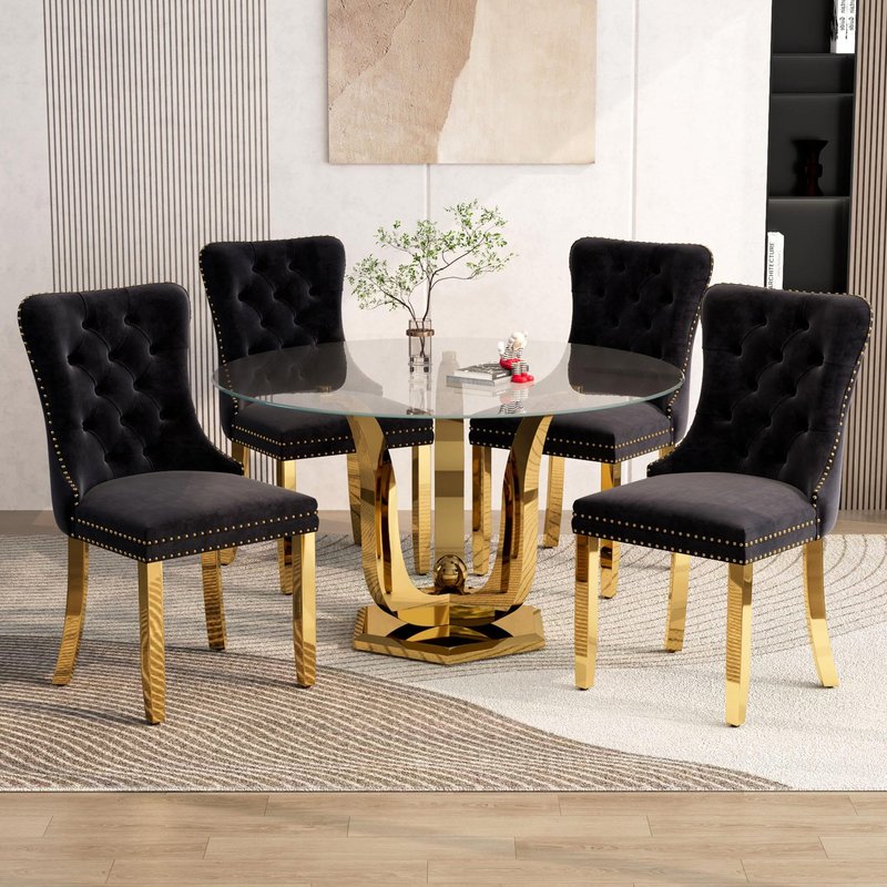 47.2" Round Glass Dining Table for 4-6, Modern Dining Room Table with Circular Tempered Glass Tabletop, Kitchen Table with Stainless Steel Frame for Dining Room, Kitchen, Apartment, Dwelling (Golden)
