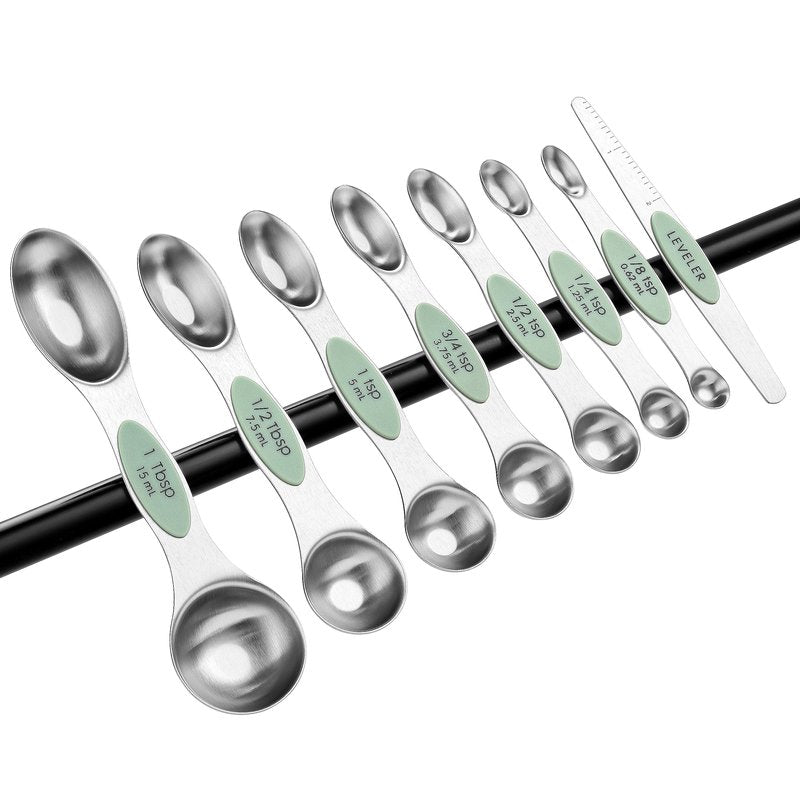 Spring Chef Stainless Steel Magnetic Measuring Spoons Set of 8 with Leveler, Dual Sided Teaspoon & Tablespoon Set, Nesting Metal Kitchen Gadgets for Baking & Cooking, Fits in Spice Jars - Pistachio