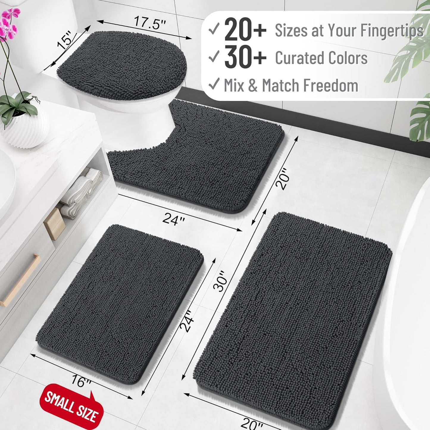 OLANLY Bathroom Rugs - Extra Soft Chenille Bath Mats with Rubber Backing | Quick Dry, 30x20, Dark Grey