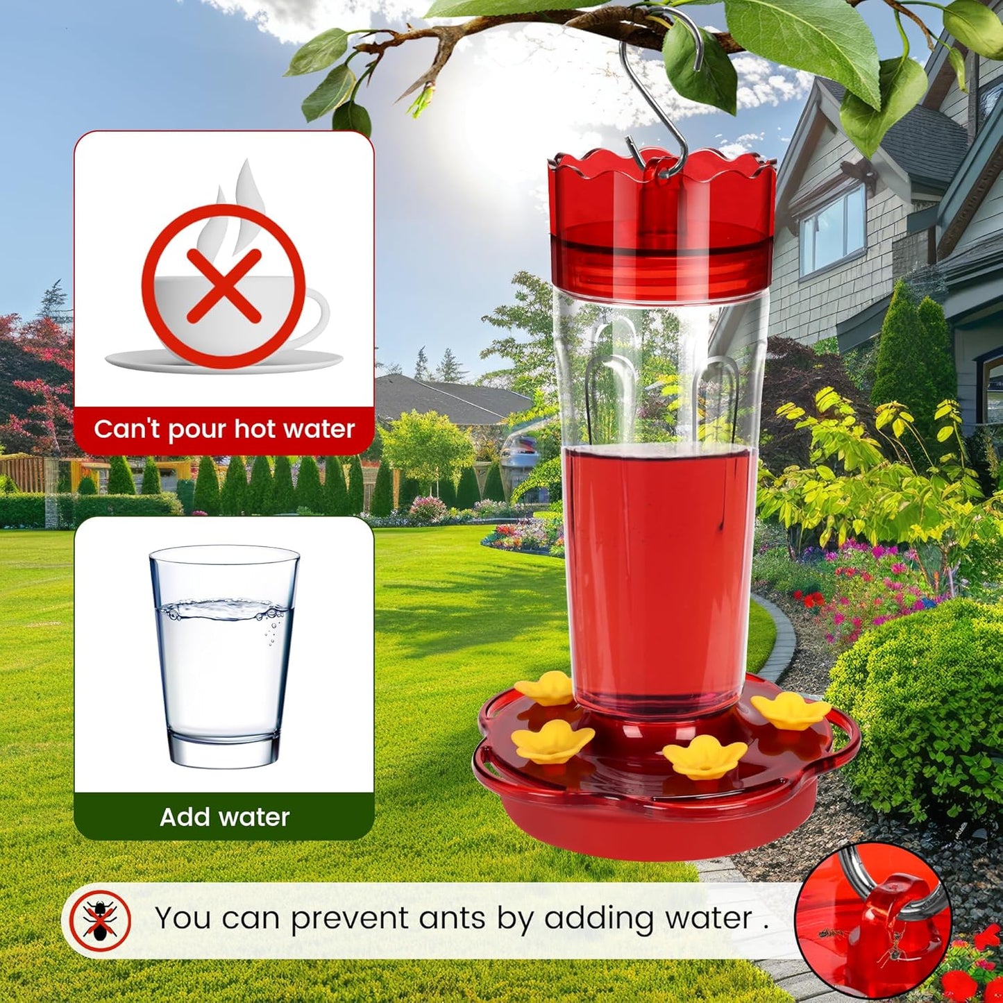 Skiennix Hummingbird Feeder - 15 Ounce Red Outdoor Feeder with Ant Moat & 5 Feeding Ports