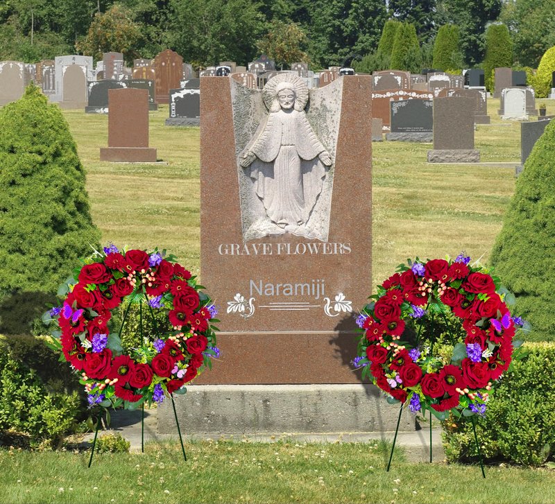 Naramiji Cemetery Wreath for Grave, Red Roses Memorial Wreath with 30 Inch Easeal Stand, Fade-Resistant