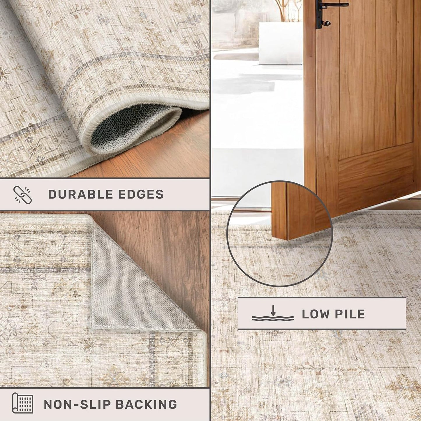 Skiennix Washable Ivory 5x7 Area Rug - Non-Slip Low Pile Carpet for Bedroom & Home Office