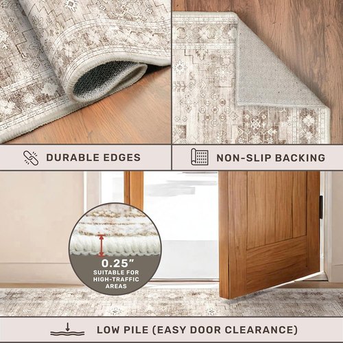 Hazo Haus Boho Bathroom Runner Rug - Washable Non-Slip Design | Soft Stain-Resistant 24" x 72" Beige Floral Decor