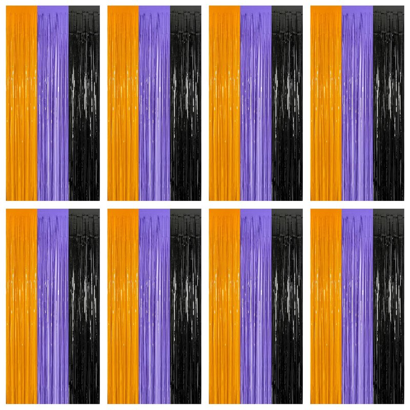 8 Pack Halloween Decorations Indoor, 3.28 FT x 7.05 FT Party Streamer, Orange Purple Black Streamer Backdrop Fringe Curtains Foil Tinsel, Halloween Party Supplies Hanging Halloween Decor
