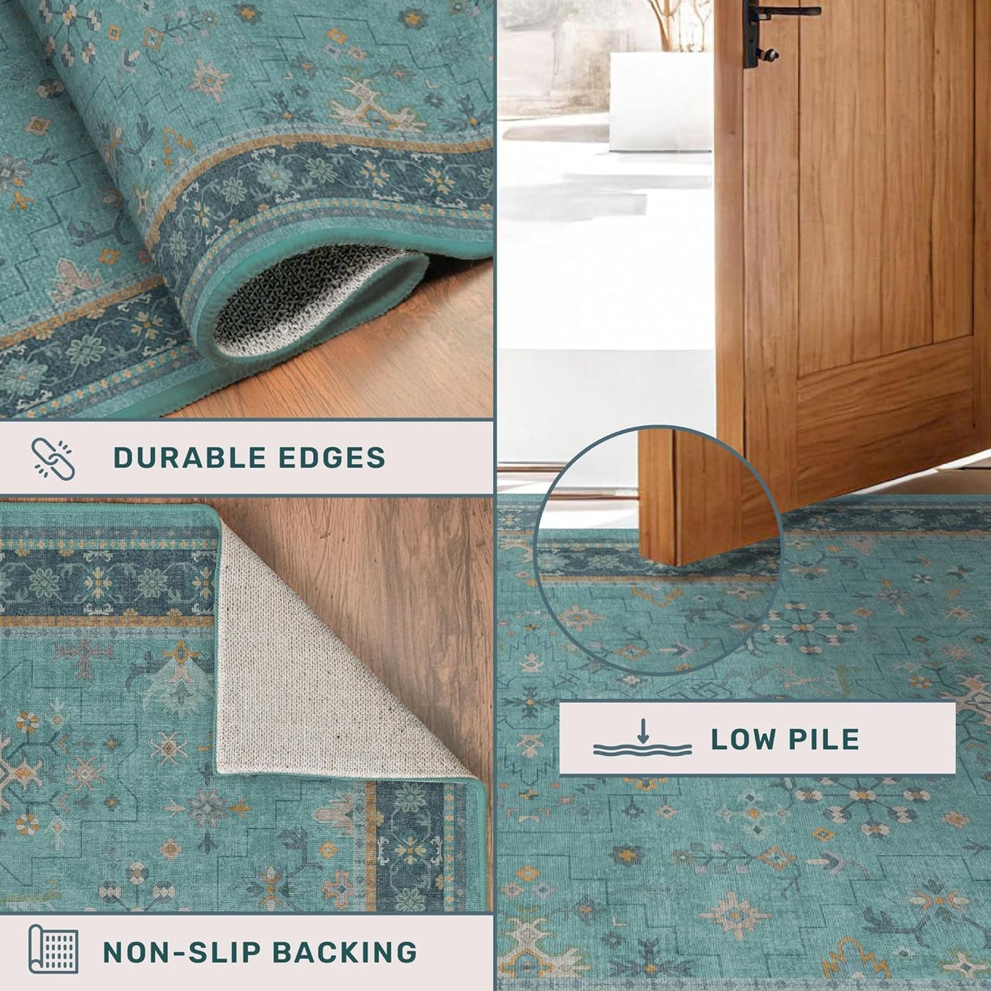 Skiennix Washable Teal Rug - 3x5 Indoor Throw Rug for Kitchen, Bedroom, Bathroom | Non-Slip, Fade-Resistant Boho Décor