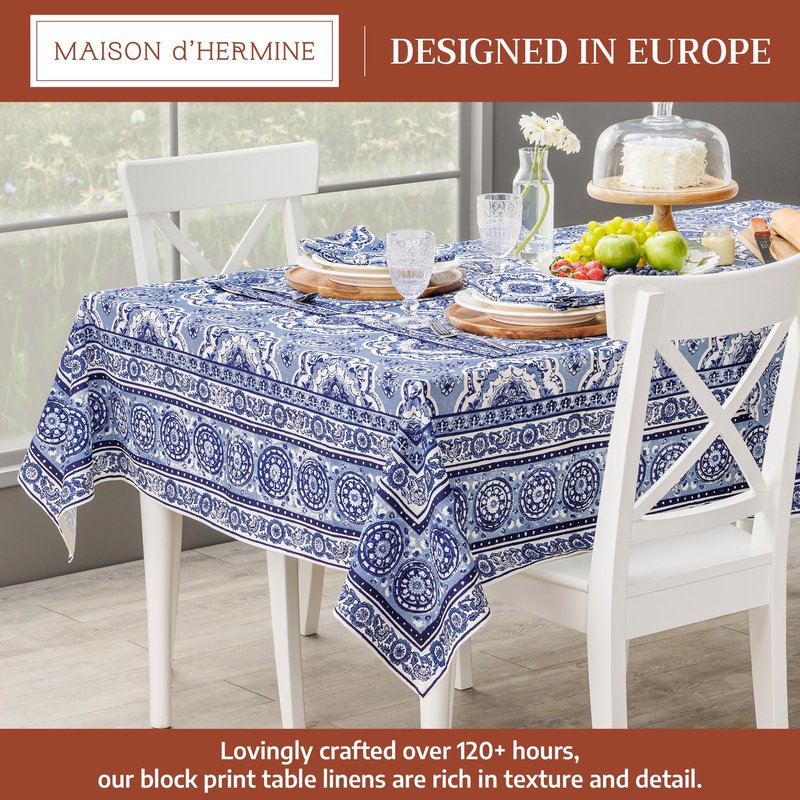 Maison d' Hermine Table Cloth Rectangle Table 100% Cotton 70 x 108 Inches Tablecloth Reusable Decorative for Dining Kitchen Room Farmhouse Home Gifts for Mothers Day Spring Summer - Melodie Bleue