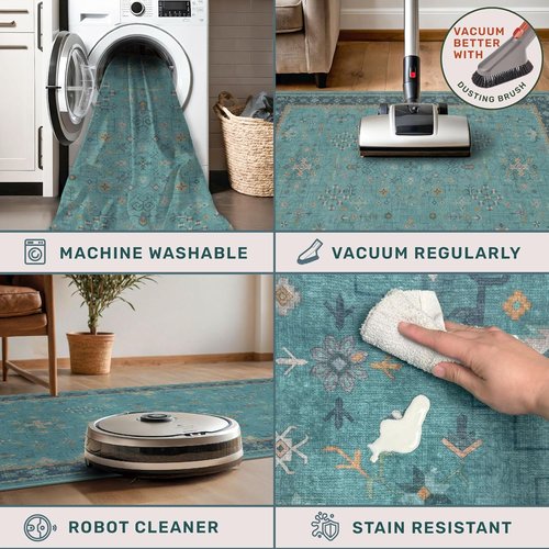 Boho Extra Long Runner Rug - Machine Washable & Stain Resistant | Non-Slip Rubber Backing, Teal 2x10