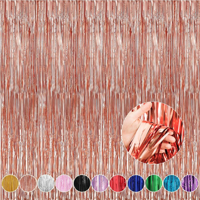 Crosize 4 Pack 3.3 x 9.9 ft Rose Gold Foil Fringe Backdrop Curtain, Streamer Backdrop Curtains, Streamers Birthday Party Decorations, Tinsel Curtain for Parties, Photo Booth Backdrops, Party Décor