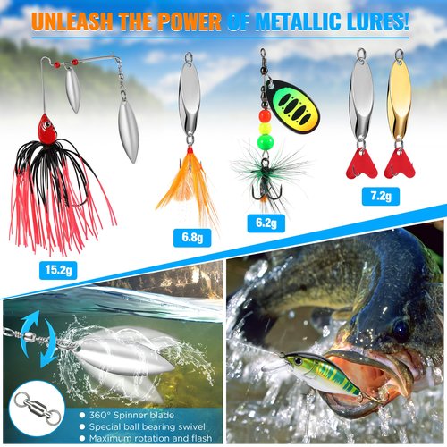PLUSINNO Fishing Lures Tackle Box Gifts for Men, Bass, Trout Fishing Gear for Saltwater & Freshwater Including Topwater Lures, Hooks, Spinnerbaits