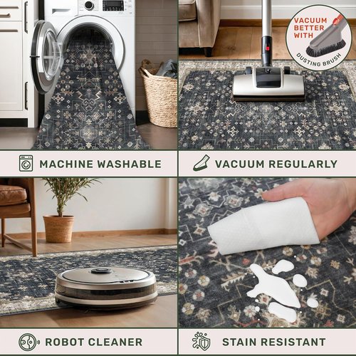 Boho Black Washable 2x10 Hallway Runner Rug - Non-Slip Vintage Floral Carpet for Kitchen & Entryway