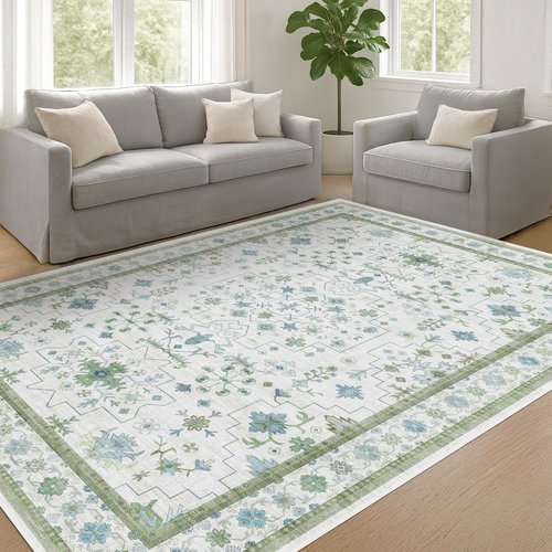 Hazo Haus Oushak Area Rug - Vintage Boho Floral Geometric Design, 5x7, Washable Low Pile, Non-Slip