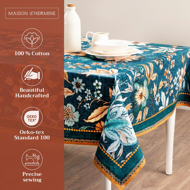 Maison d' Hermine Table Cloth Rectangle Table 100% Cotton 54 x 72 Inches Fall Tablecloth Reusable Everyday Use for Thanksgiving Christmas Decorations Dining Farmhouse Party (Luxury Loft - Dark Teal)