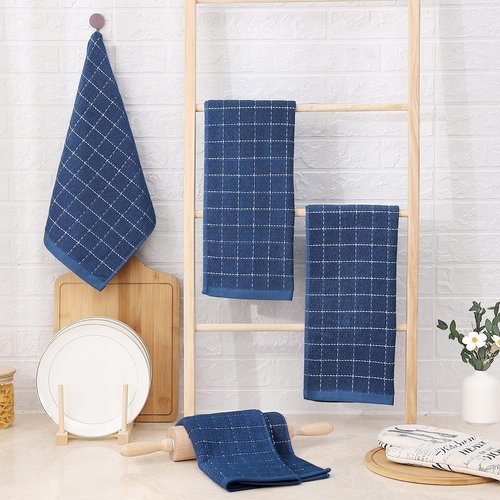 Homaxy 100% Cotton Terry Kitchen Towels(Navy Blue, 13 x 28 inches), Checkered Designed, Soft and Super Absorbent Dish Towels, 8 Pack