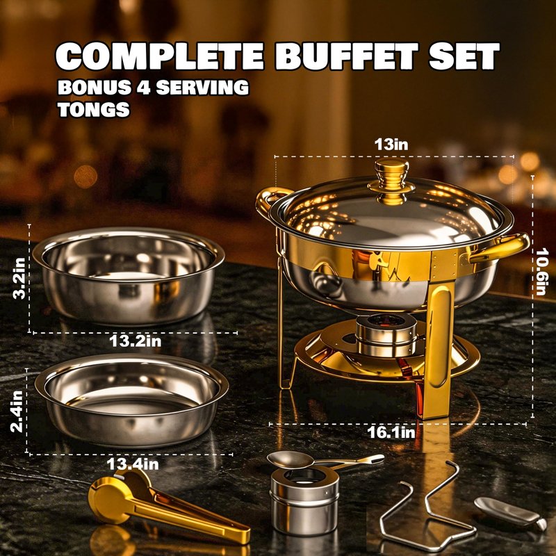 Trivico Chafing Dishes for Buffet Set,4 Pack 6QT, Easy 30-Second Lid Assembly Stainless Steel Food Warmers for Catering, Parties & Events, Gold Colors Chafing Dish Buffet Set