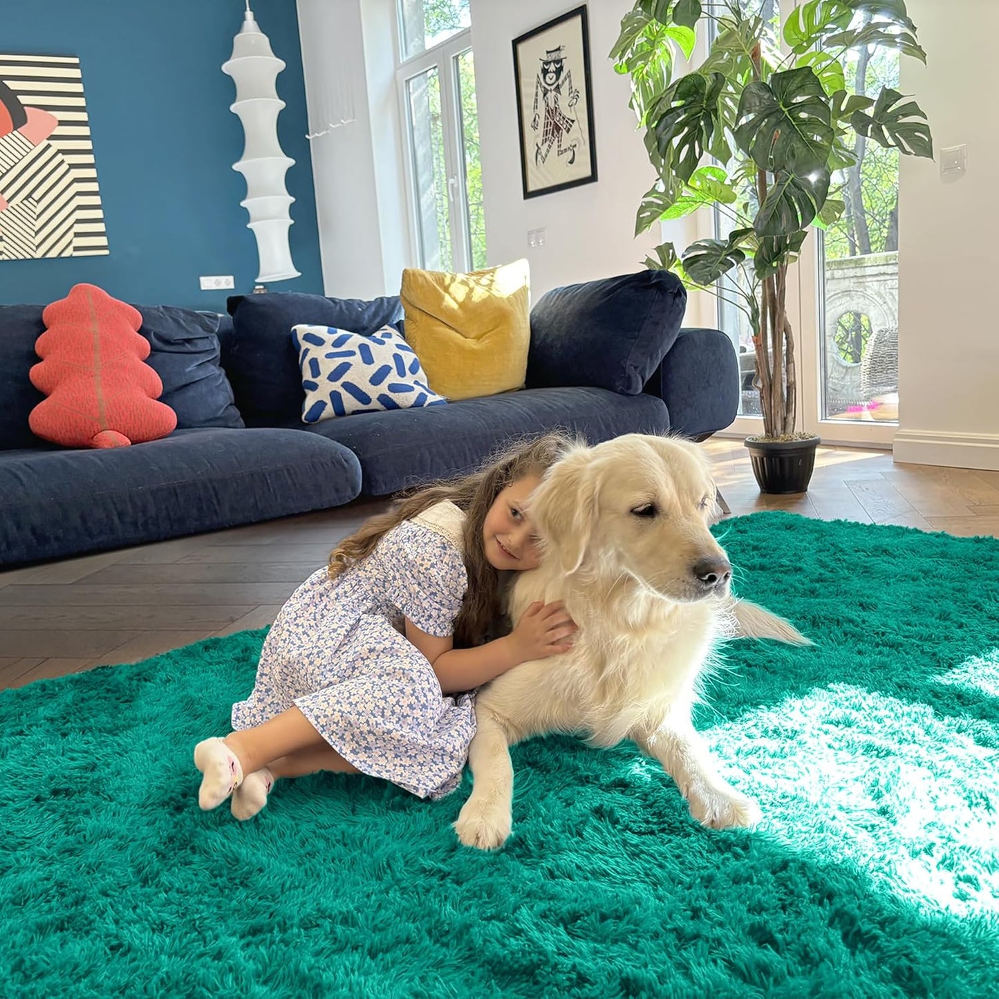 OLANLY Small Bedside Rug - Soft Fluffy Shaggy Indoor Carpet for Bedroom & Living Room | Teal Green