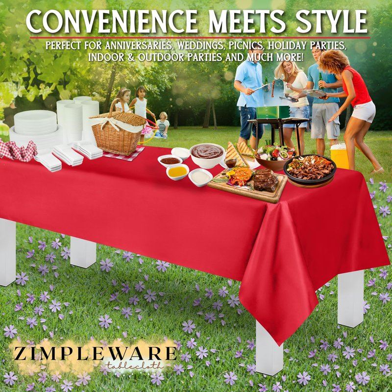 ZIMPLEWARE Premium Red Plastic Table Cloth Disposable (12 Pk) Plastic Tablecloths for Rectangle Tables (54in x 108in) Party Table Cloths Disposable for 6ft to 8ft Rectangle Tables