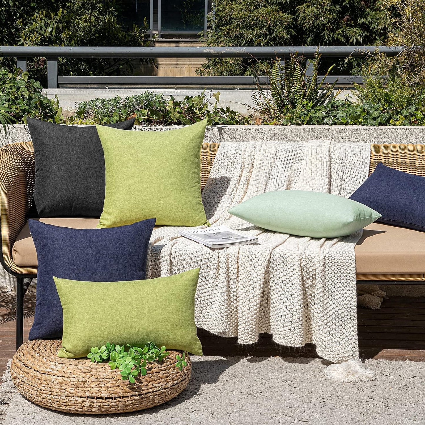 MIULEE Waterproof Outdoor Throw Pillow Covers - Pack of 2 Faux Linen Cushion Cases | 20x12 Inch Moss Green