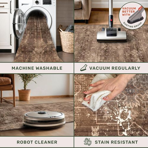 Boho Taupe Brown 3x5 Area Rug - Modern Vintage Washable Non-Slip Entryway Mat for Indoor Use