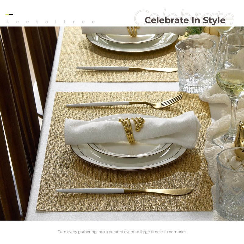 Leetaltree Gold Placemats Set of 24 - Heat Resistant Non-Slip Place mats for Dining Table, Washable Durable PVC Vinyl Woven Table Mats(Luxury Gold, 24)