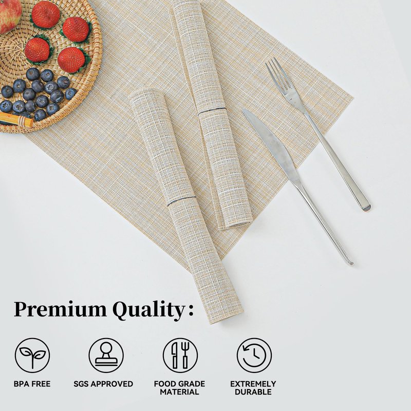 Leetaltree 6PC Grey& 6PC Beige Placemats Set of 12 - Heat Resistant Non-Slip Place mats for Dining Table, Washable Durable PVC Vinyl Woven Table Mats（6PC Grey&6PC Beige）, Grey&beige