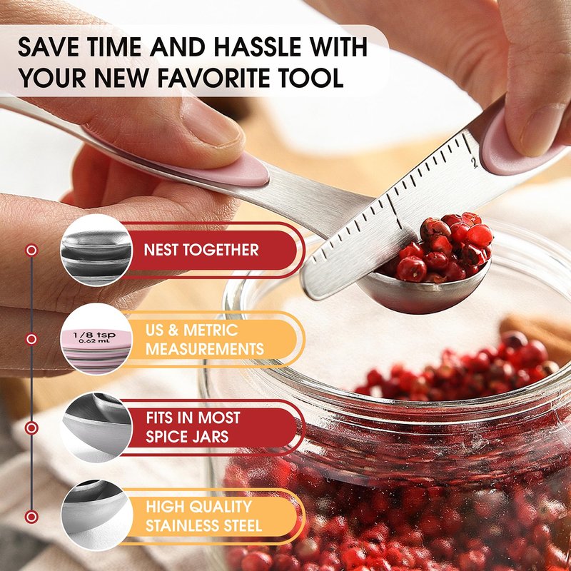 Spring Chef Stainless Steel Magnetic Measuring Spoons Set of 8 with Leveler, Dual Sided Teaspoon & Tablespoon Measuring Spoons with Strong Magnets, Kitchen Gadgets for Baking & Cooking - Pink Lemonade
