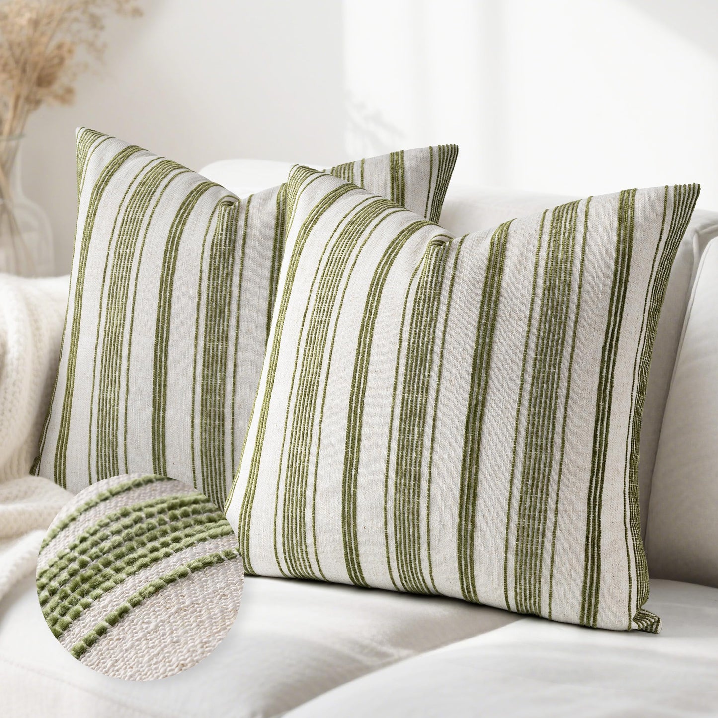 AELS 20x20 Decorative Farmhouse Linen Throw Pillow Covers, Beige with Olive Green Chenille Striped Pillow Case, Set of 2, Boho Textured Cushion Cover for Sofa Couch Living Room (Cover ONLY)