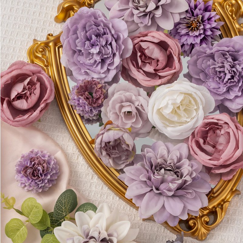 Khyxvbcd 30 Pcs Artificial Flowers Combo Purple Flowers Mix Silk Flowers Dahlia Roses with Stems for DIY Wedding Bridal Bouquets, Baby Shower, Floral Arrangement, Table Centerpieces, Home Decorations