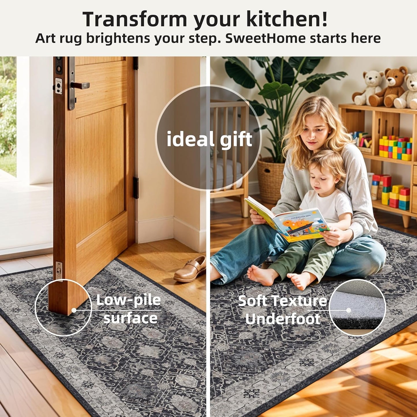 Skiennix Kitchen Sink Rugs Set of 2 - Washable Non-Slip Mats for High Traffic Areas | Black 2x3 & 2x4