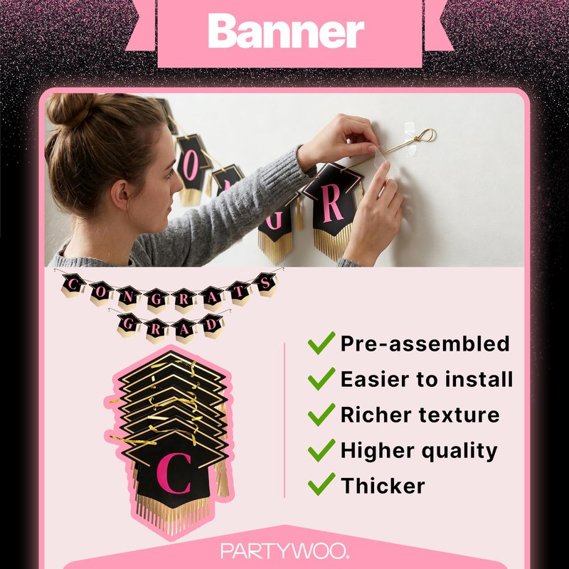PartyWoo Graduation Decorations Class of 2026 Black Gold Pink 19pcs Grad Party Supplies with Congrats 2026 Grad Banner Hanging Swirls Foil Balloons Graduation Cap Centerpieces Party Decorations