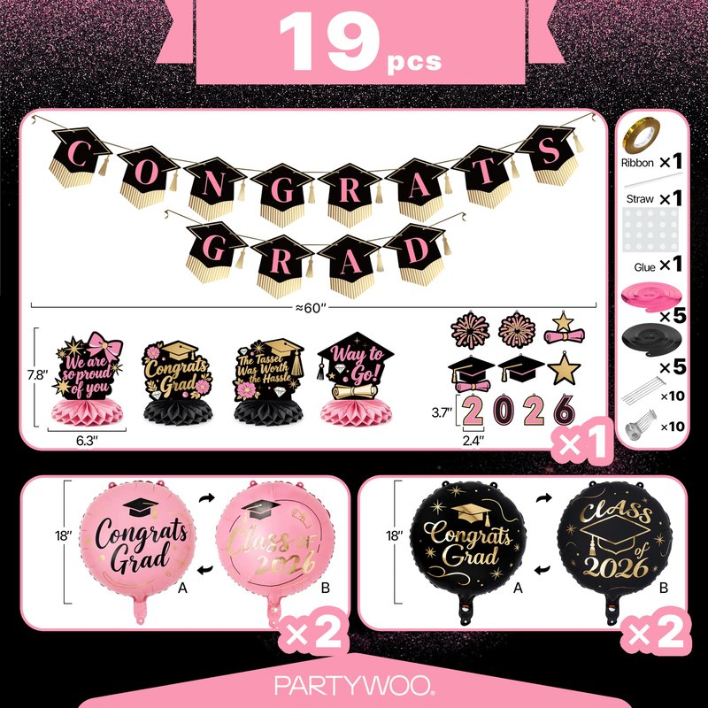 PartyWoo Graduation Decorations Class of 2026 Black Gold Pink 19pcs Grad Party Supplies with Congrats 2026 Grad Banner Hanging Swirls Foil Balloons Graduation Cap Centerpieces Party Decorations