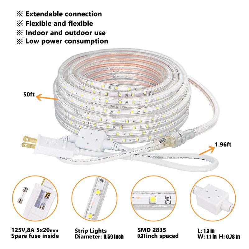 SURNIE 50ft LED Rope Lights Outdoor Waterproof, 110V Flexible Daylight White Bright Lighting Cuttable Connectable, Cool Clear Flat Strip Light 6000K for Outside Deck Patio Camping Decor, Not Tube Rope