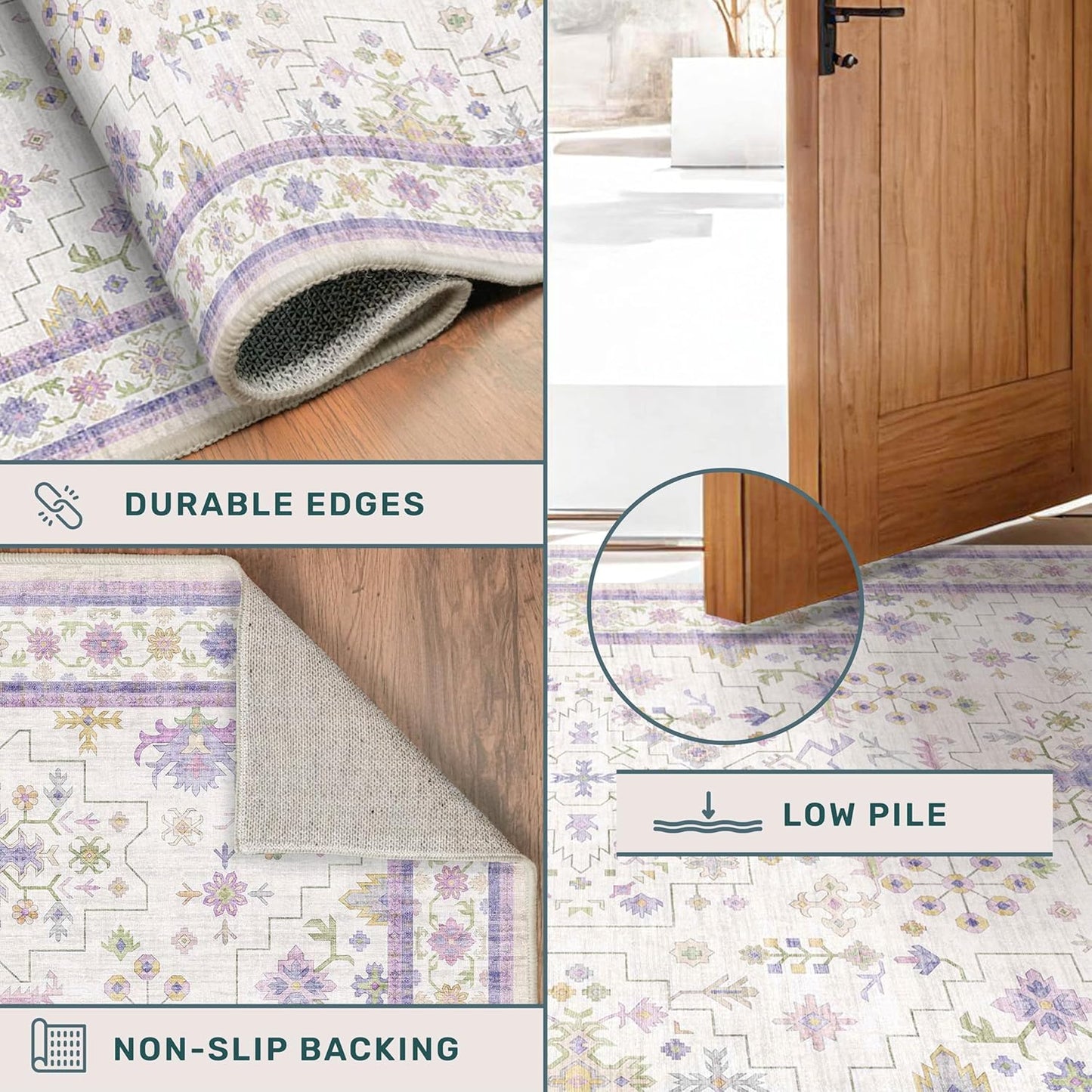 Skiennix 8x10 Large Lavender Area Rug - Floral Design, Non-Slip, Stain Resistant, Washable Carpet