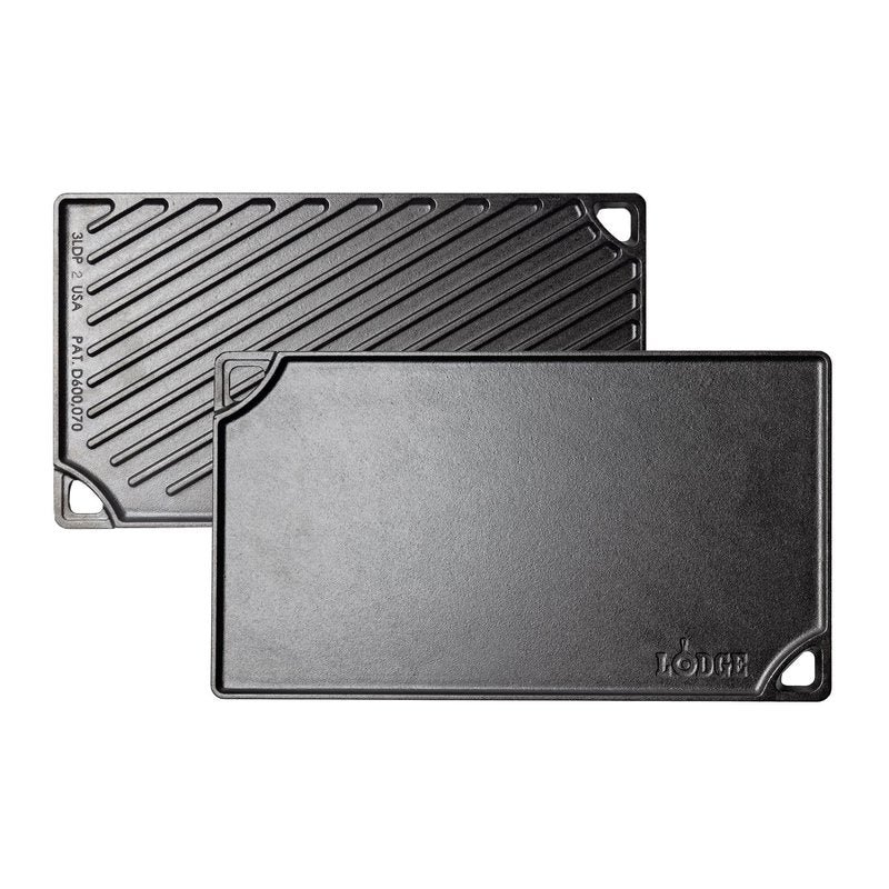 Lodge Double Play Reversible Cast Iron Grill/Griddle - Dual-Sided with Double Burner Configuration for Eggs, Pancakes, Burgers & More - Seasoned, Non-Toxic Cookware - Heavy-Duty Grill Pan - Black