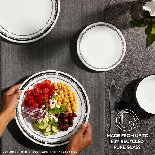 Corelle 6-Piece Round Lunch Plates - Lightweight Vitrelle Glass, Chip & Scratch Resistant, Dishwasher Safe | Brasserie Design
