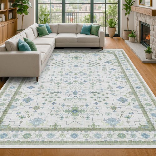 Hazo Haus Area Rug - Vintage Boho Floral Design | 8x10 Cream Oushak, Washable, Non-Slip for Living Room & Playroom