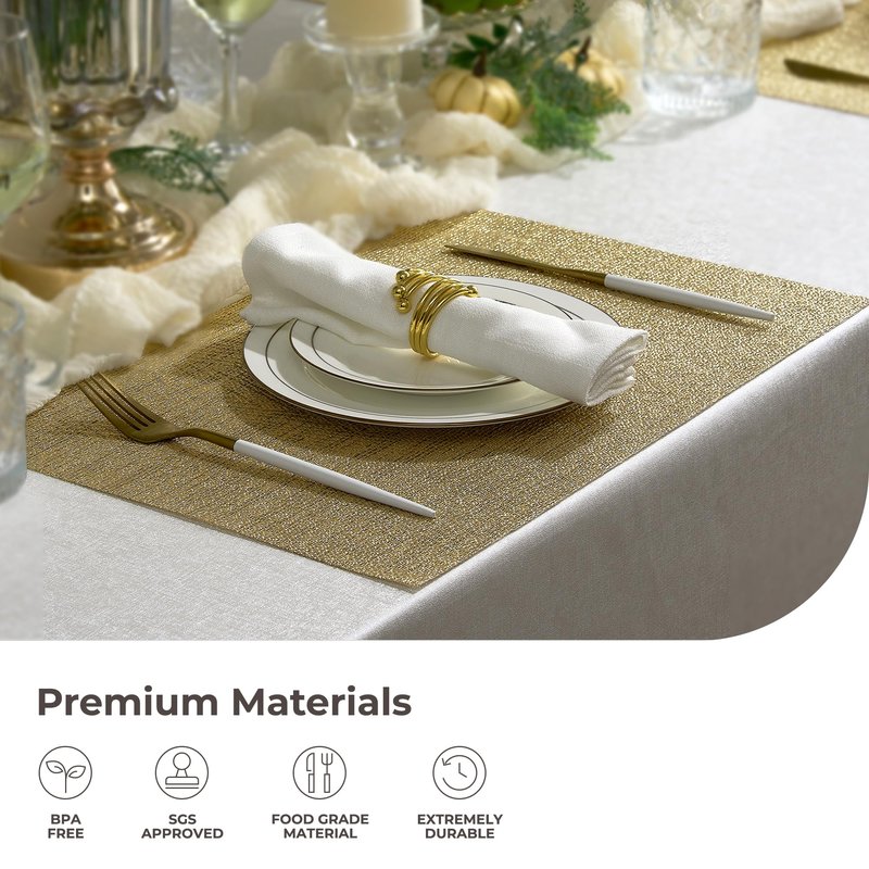 Leetaltree Gold Placemats Set of 24 - Heat Resistant Non-Slip Place mats for Dining Table, Washable Durable PVC Vinyl Woven Table Mats(Luxury Gold, 24)