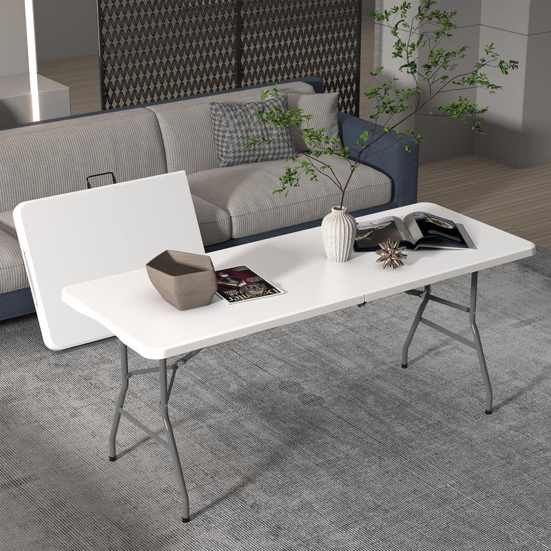 Allpop 6Ft Folding Table for Indoor Outdoor, Fold-in-Half Portable Plastic Dining Table with Carrying Handle for Picnic Party Camping, White