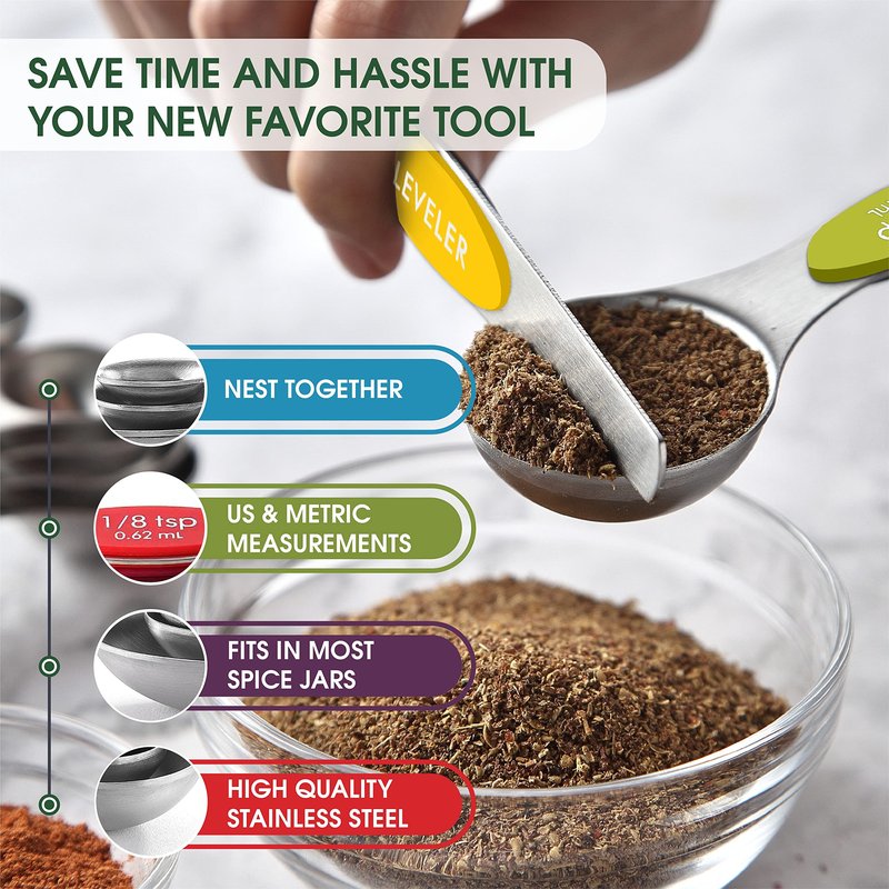 Spring Chef Stainless Steel Magnetic Measuring Spoons Set with Strong Magnets, Heavy Duty Metal Kitchen Essentials - Fits in Most Kitchen Spice Jars, Multicolor, Set of 8 with Leveler