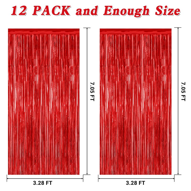 12 Pack Red Curtains, 3.28 FT x 7.05 FT Party Streamer, Metallic Party Backdrop Valentines Day Streamer Foil Curtains, Fringe Tinsel for Red Party Decor Casino Theme Decorations Party Supplies