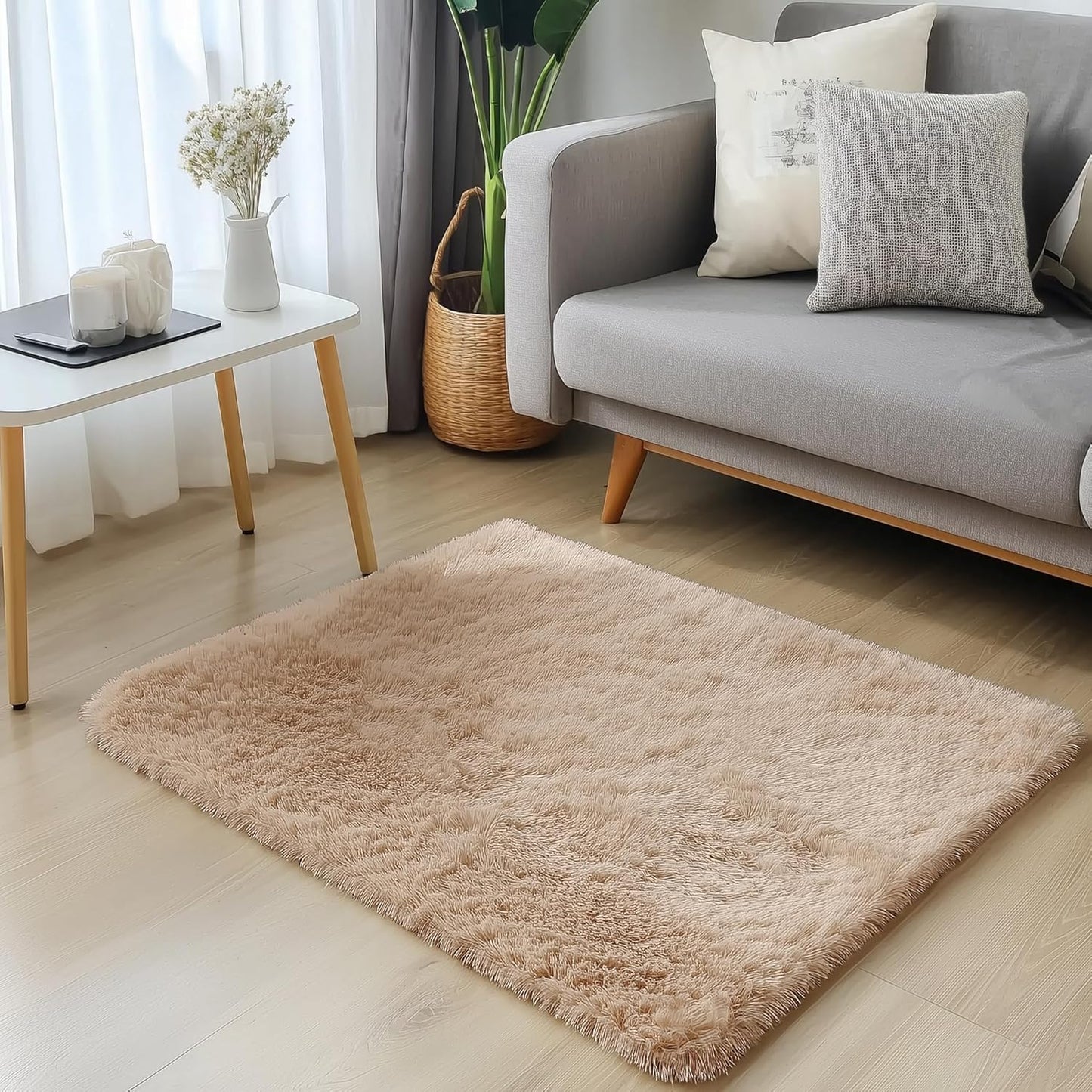 OLANLY Small Bedside Rug - Soft, Machine Washable Shaggy Throw Rug for Bedroom & Living Room | Beige