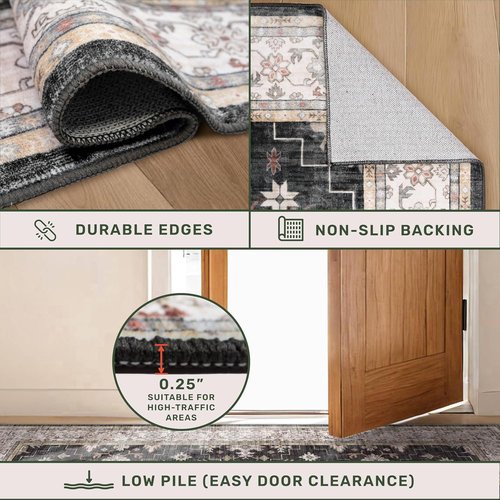 Boho Black Rug - Washable 10x14 Area Rug for Living Room & Dining Room | Soft Low Pile, Non-Slip & Stain Resistant