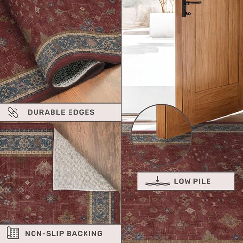 Hazo Haus Burgundy Washable Entry Rug - Non-Slip Low Pile, Stain & Fade Resistant | Modern Floral Design