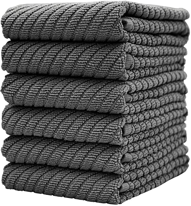 Premium Kitchen Towels (16”x 25”, 6 Pack) | Large Cotton Kitchen Hand Towels | Dish Towels | Diagonal Weave Design | 445 GSM Highly Absorbent Tea Towels Set with Hanging Loop | Grey