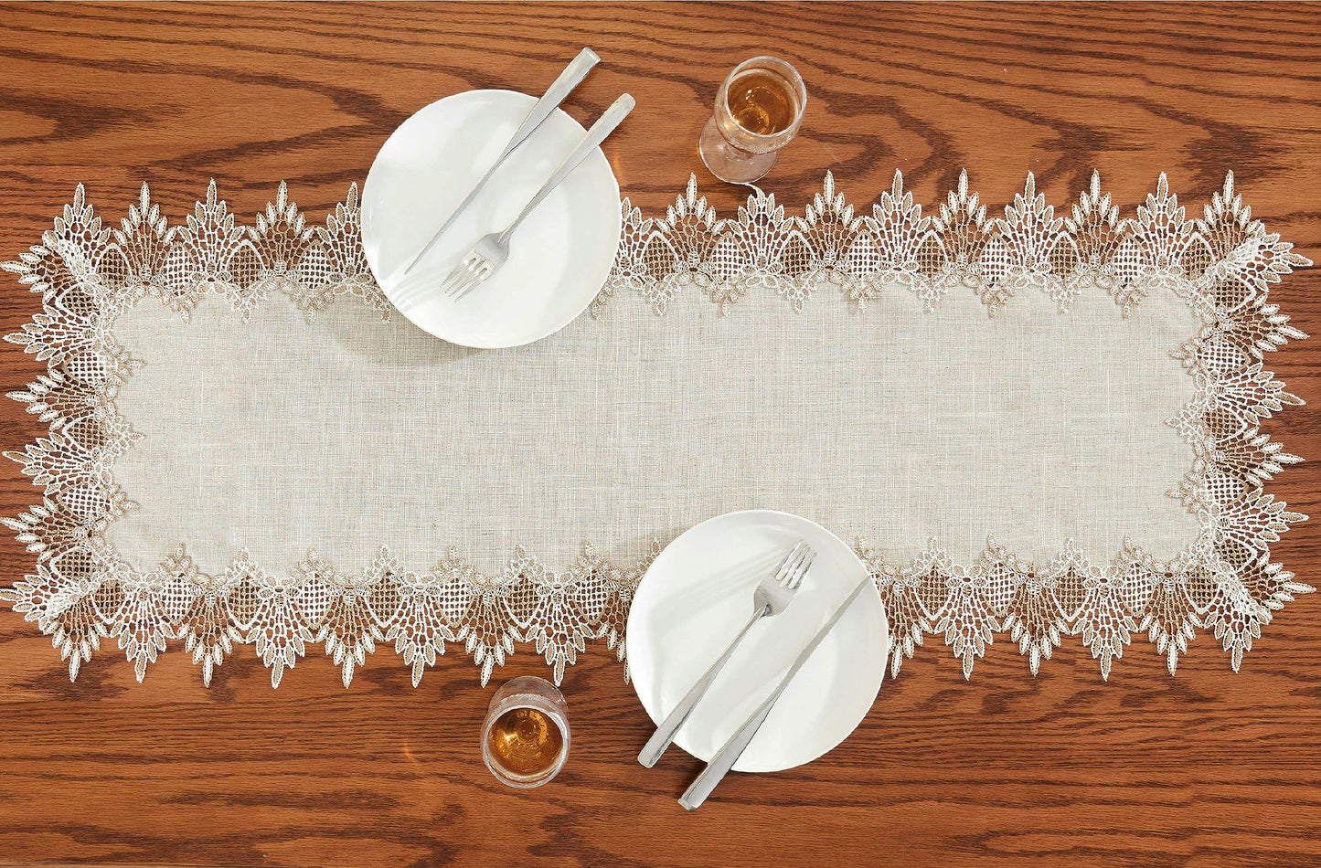 Raedan Natural Linen Table Runner 48 inches Neutral Earth Tones Beige Lace Coffee Table Runners Dresser Scarf for Spring Easter Summer Kitchen Wedding Party, Machine Washable (Natural, 16”x48”)