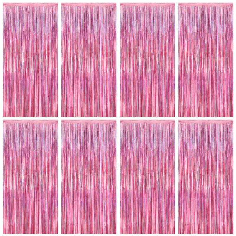 8 Pack Pink Backdrop, 3.28 FT x 7.05 FT Fringe Curtains, Metallic Glitter Pink Fringe Party Streamer Foil Curtains Tinsel Backdrop, Pink Decorations Bachelorette Valentines Day Party Supplies